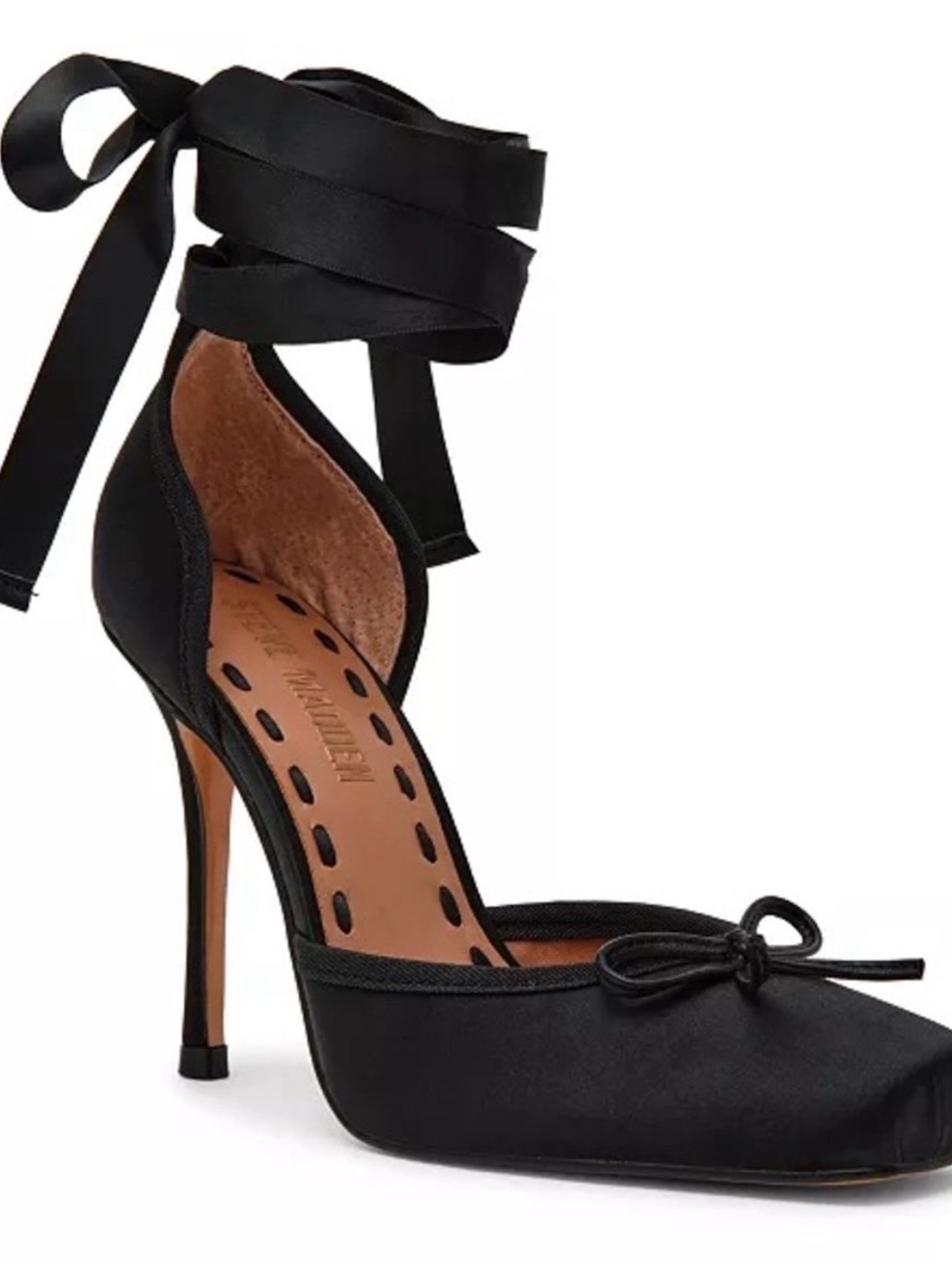 Steve Madden Black Satin Ankle-Tie Stiletto Pumps